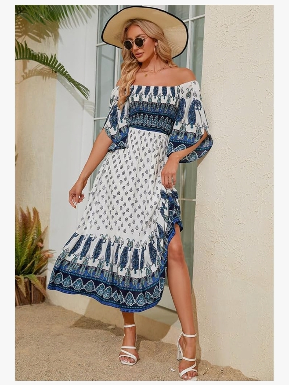Boho Off-Shoulder White and Blue Maxi Dress